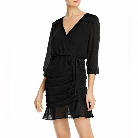 Q&A V-neck Wrap Ruched Clip Textured- Swiss Dot Mini Ruffle Dress in Black - Picture 1 of 11